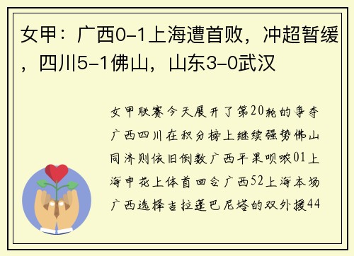 女甲：广西0-1上海遭首败，冲超暂缓，四川5-1佛山，山东3-0武汉